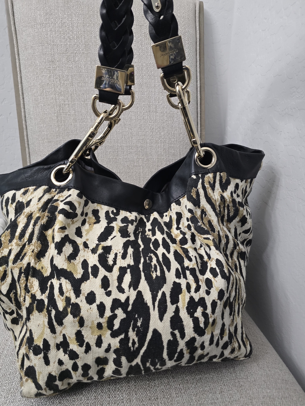 EUC Jimmy Choo Leopard Print Canvas Small Lohla Tote Bag - Picture 2 of 9